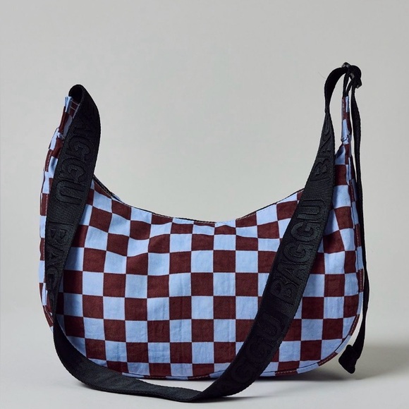 Baggu Checkered Medium Crescent Bag Blue & Dark Brown NEW NWT LAST ONE - Picture 3 of 5